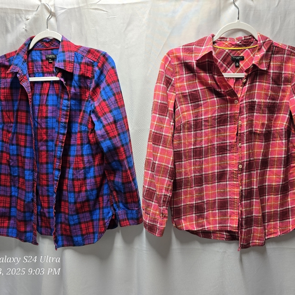 Lot Of 2 Women  Smalln Talbots Blue and Red Flannel Button Down Shirt (089)